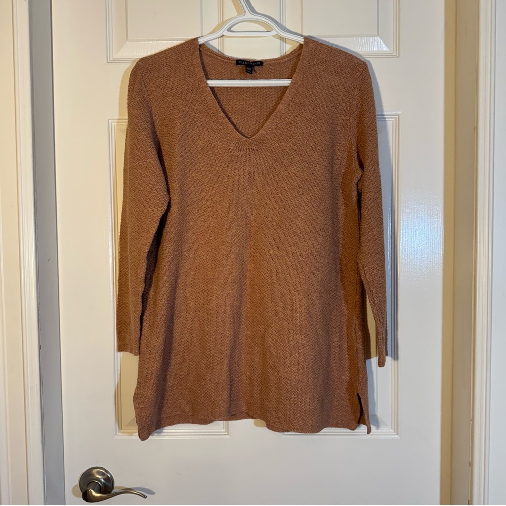 Eileen Fisher Organic Linen Cotton V-Neck Knit Top Warm Tan M, Capsule Wardrobe